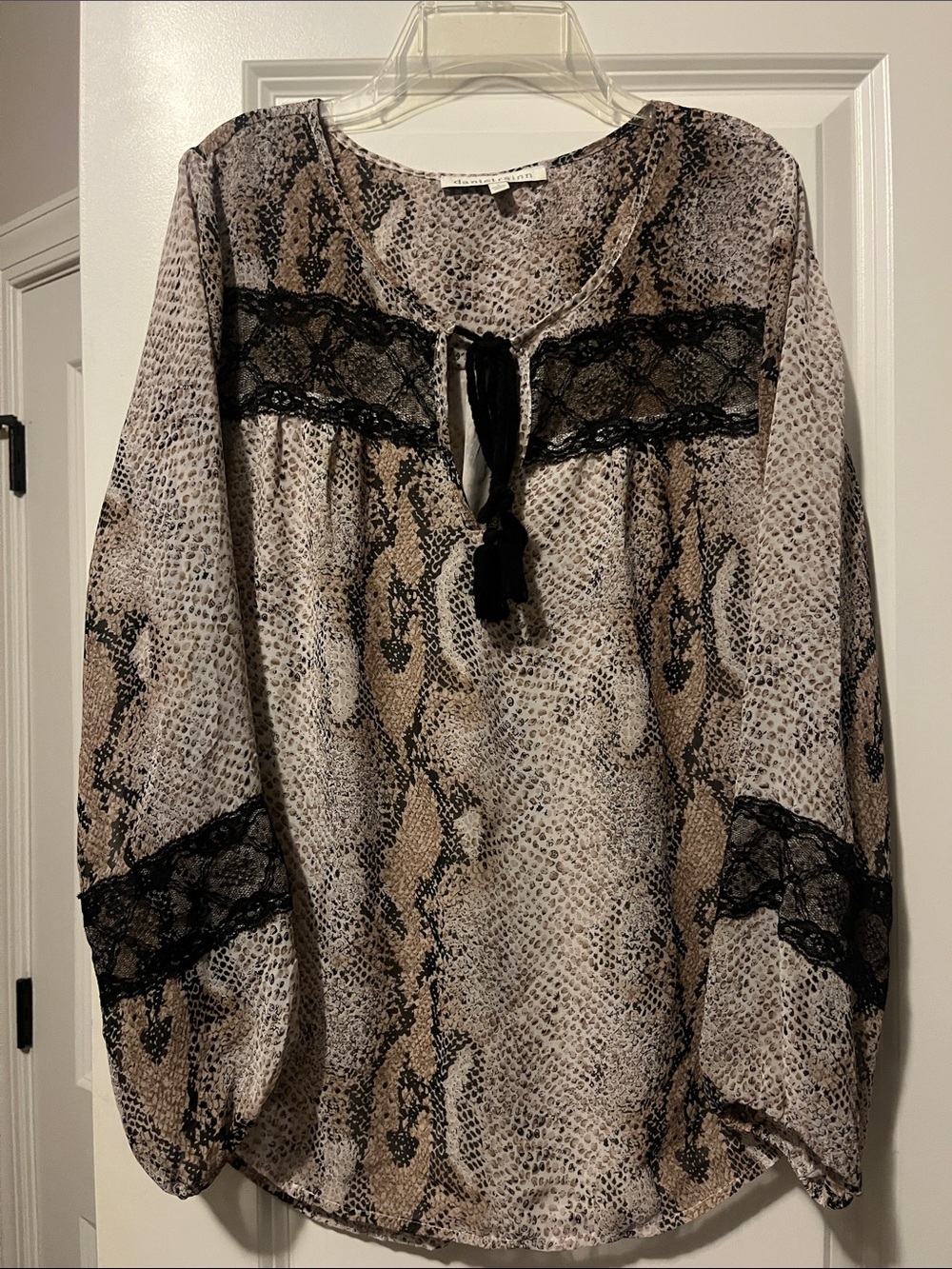 Daniel Rainn Beige and Black Snake-Print Peasant Blouse with Lace